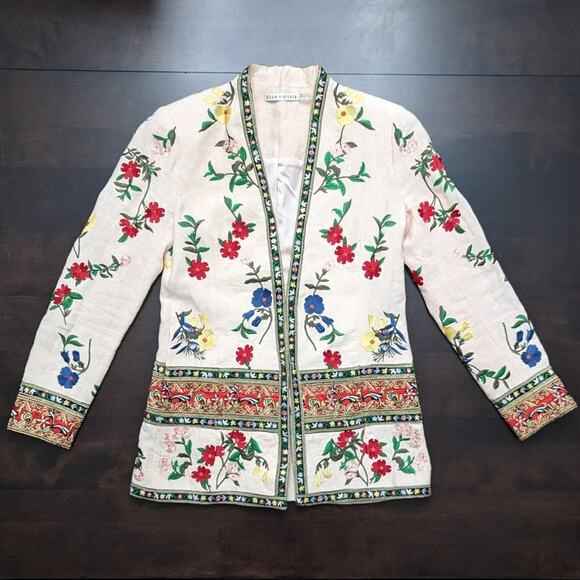 Alice + Olivia Jerri Embroidered Linen Jacket Size 4 - Picture 3 of 16